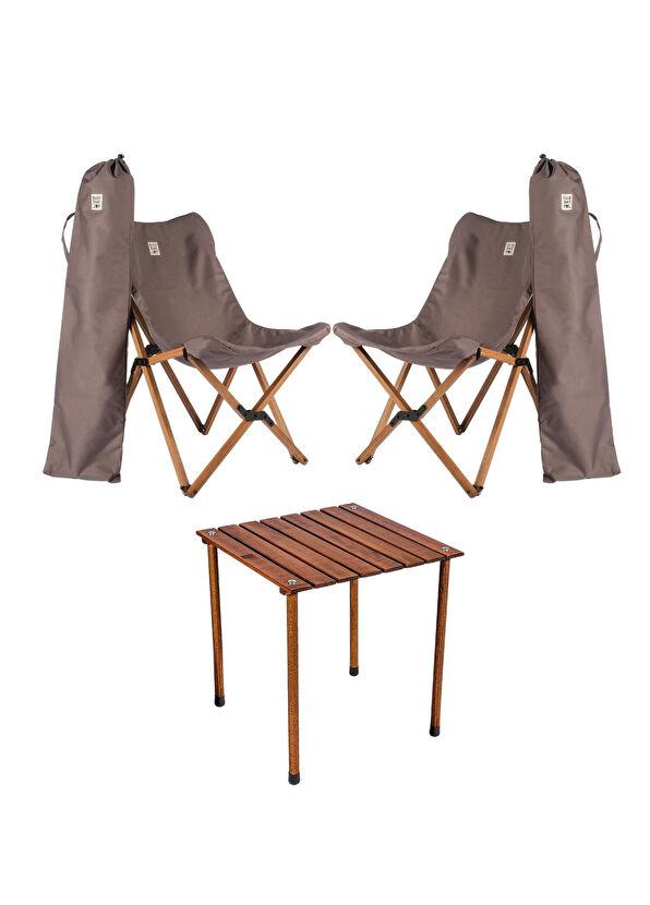 Bag The Joy Wooden Brown Dark Grey Folding Camping Table and Chair Set - 3