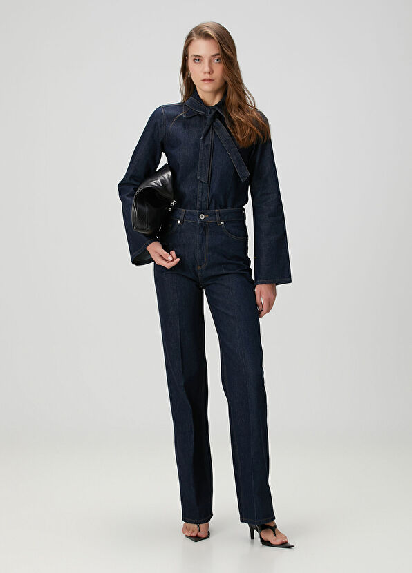 Lacivert Bağlama Detaylı Denim Gömlek - Görsel 3