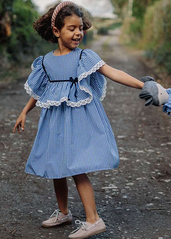 Lullmom Mavi Kareli Fırfırlı Kız Çocuk Elbise - 2