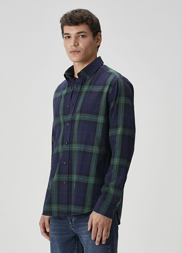 Beymen Club Comfort Fit Green Navy Blue Plaid Patterned Shirt - 4