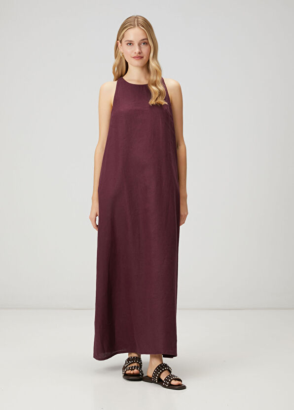 Beymen Club Burgundy A-Line Maxi Linen Dress - 3