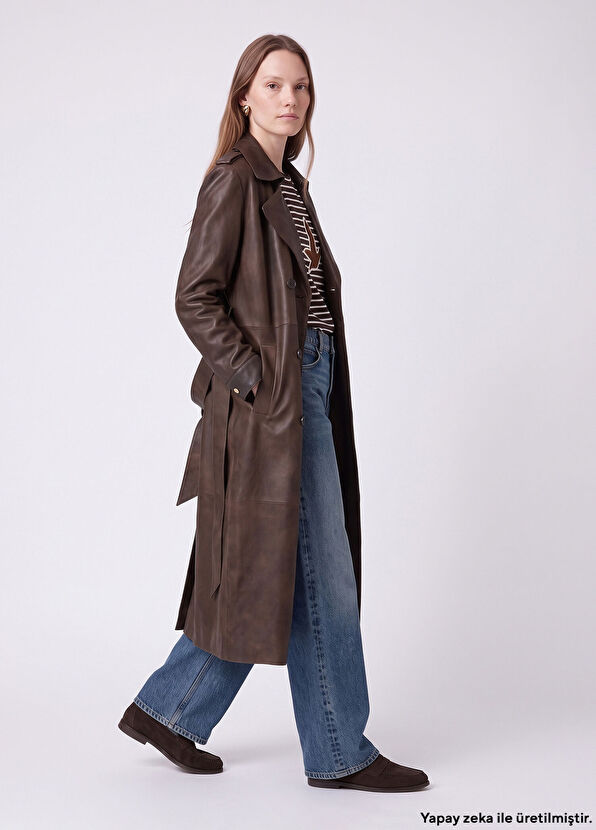 Beymen Club Brown Lightly Distressed Leather Coat - 1