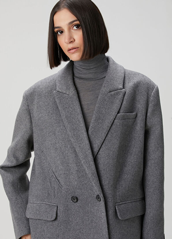 Oversized Gri Kruvaze Yün Palto - Görsel 6