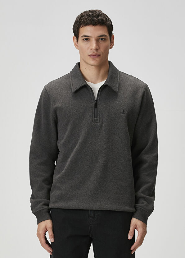Beymen Club Gri Melanj Polo Yaka Sweatshirt - 1