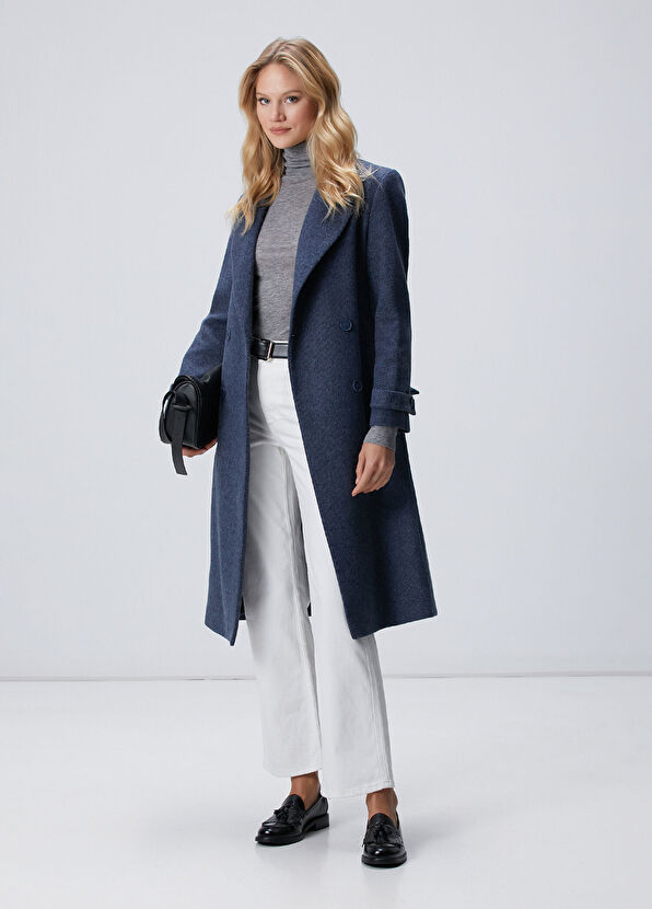 Lacivert Diyagonal Desen Kuşaklı Uzun Palto - Görsel 2