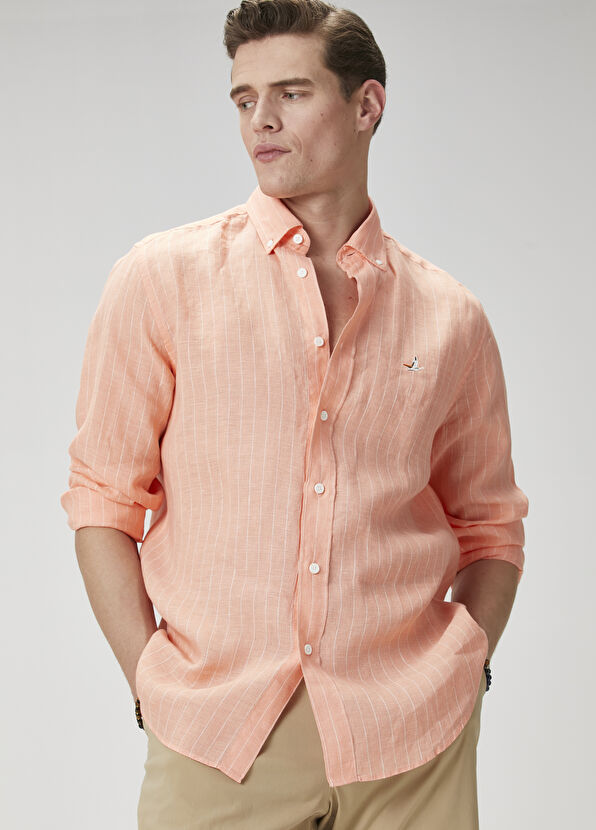 Beymen Club Comfort Fit Apricot Striped Linen Shirt - 1