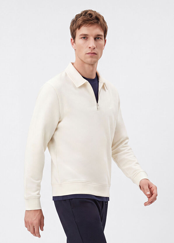 Beymen Club Kırık Beyaz Fermuarlı Polo Sweatshirt - 3