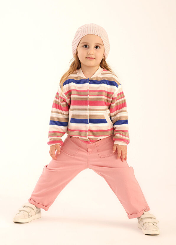 Patique Kids Pink Colorful Striped Buttoned Organic Cotton Knitwear Girl Jacket Cardigan - 4