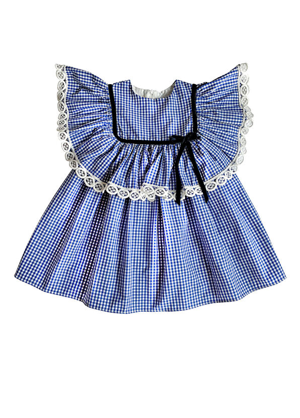 Lullmom Mavi Kareli Fırfırlı Kız Çocuk Elbise - 1