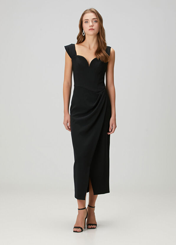 Siyah Düşük Omuzlu Midi Kokteyl Elbise - Görsel 2