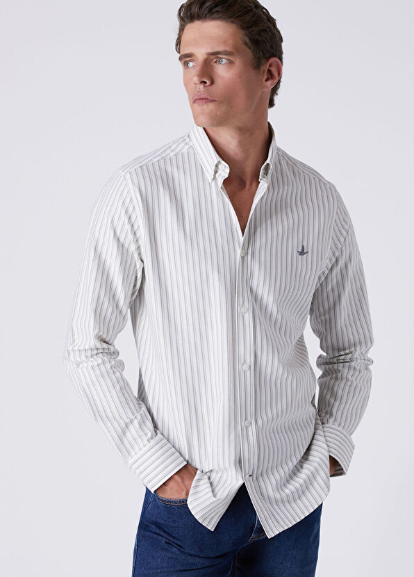 Beymen Club Beyaz Gri Comfort Fit Çizgili Oxford Gömlek - 2