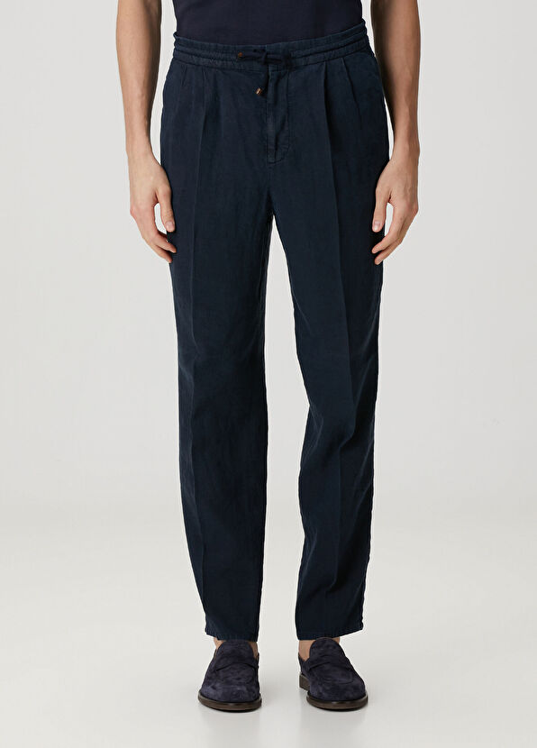 Brunello Cucinelli Lacivert Beli Kordonlu Çift Pilili Keten Pantolon - 2