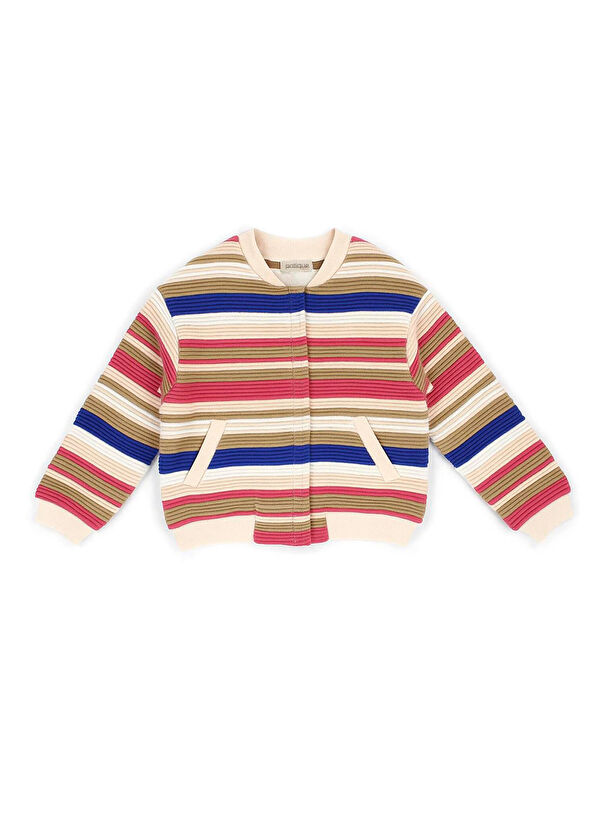 Patique Kids Pink Colorful Striped Buttoned Organic Cotton Knitwear Girl Jacket Cardigan - 1