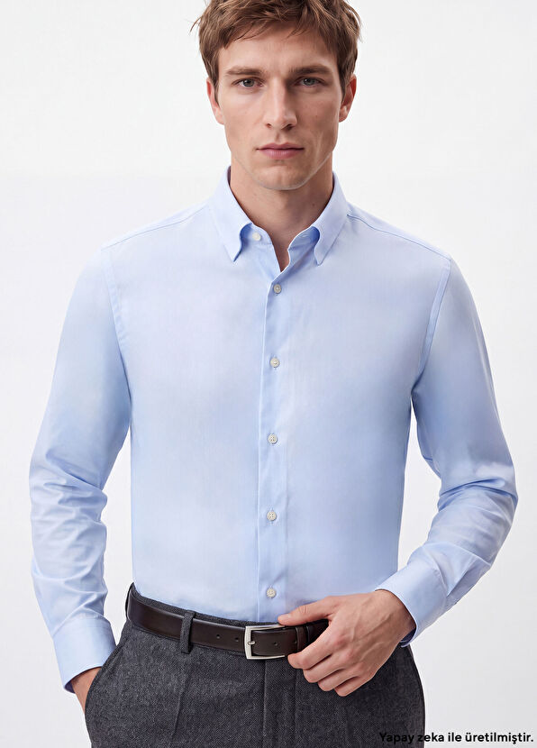 Beymen Club Slim Fit Blue Dobby Non-Iron Shirt - 1
