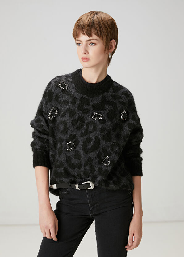 Beymen Club Siyah Leopar Desenli İşlemeli Kazak - 1