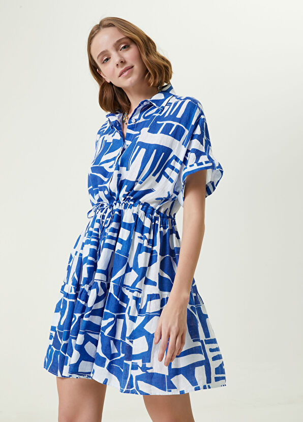 Beymen Club Beyaz Mavi Fayans Desenli Mini Keten Gömlek Elbise - 2