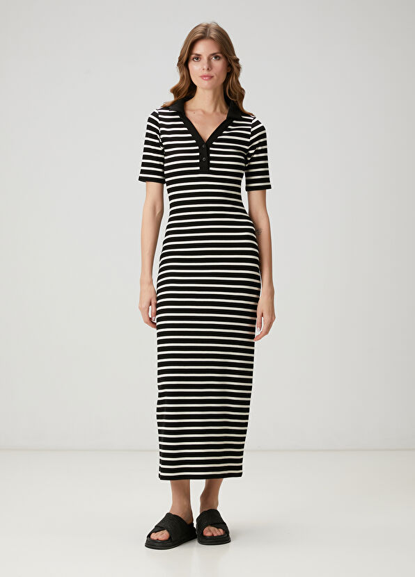 Beymen Club Black Striped Midi Polo Dress - 1