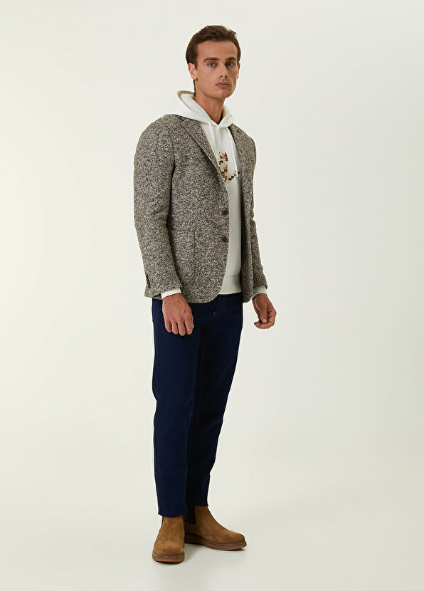 Beymen Club Beyaz Kapüşonlu Piksel Kaz Nakışlı Garnili Kazak - 2