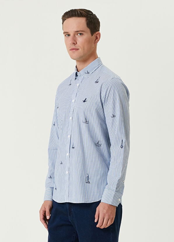 Beymen Club Slim Fit Blue Striped Embroidery Pattern Shirt - 4