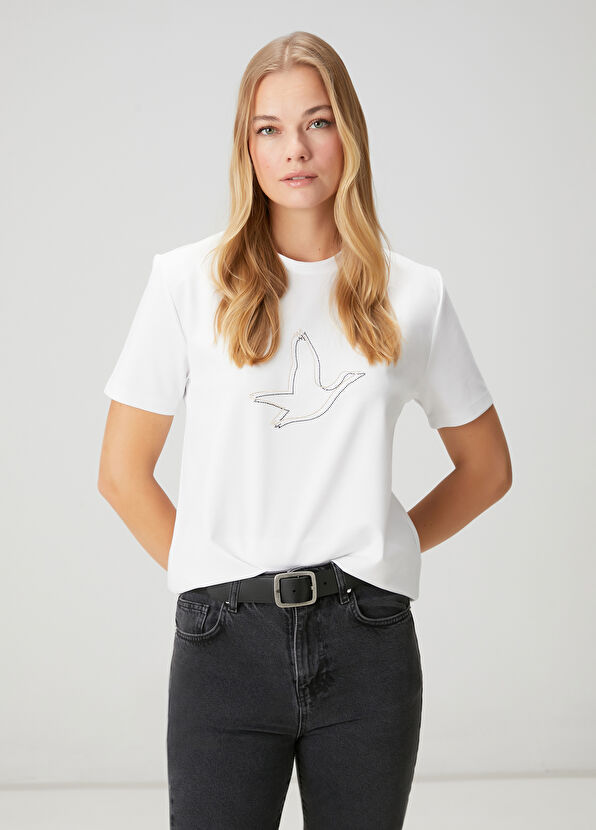 Beymen Club Kırık Beyaz Hotfix Kuş Logolu T-shirt - 1