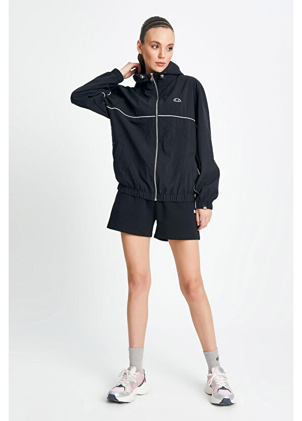 Siyah Kapüşonlu Fermuarlı Kadın Spor Yağmurluk - Görsel 3