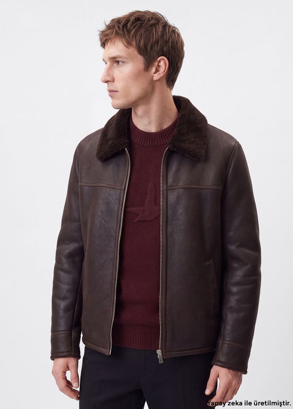 Beymen Club Koyu Kahverengi Shearling Yaka Deri Mont - 4