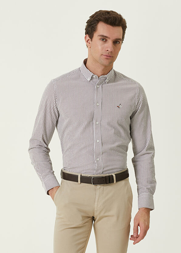 Beymen Club Comfort Fit Gül Kurusu İnce Çizgili Gofreli Gömlek - 1