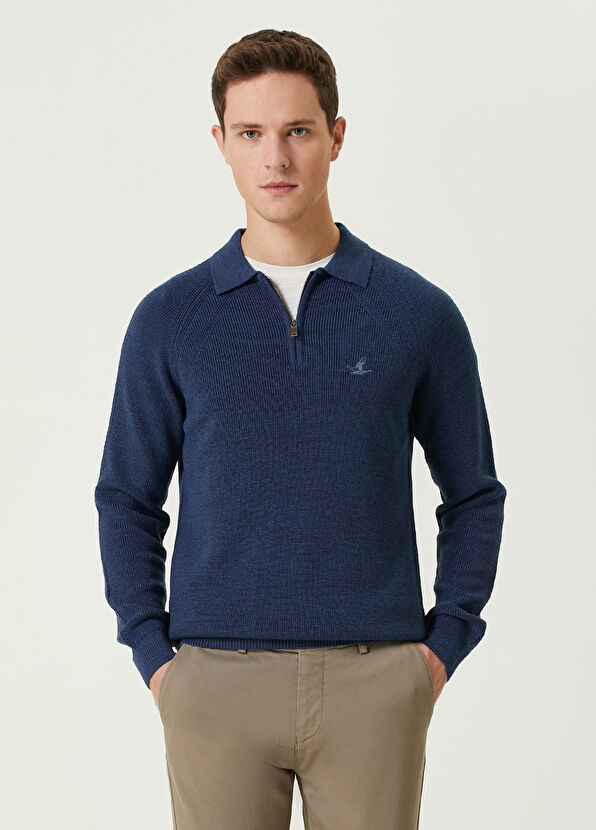 Beymen Club Koyu Mavi Polo Yaka Fitilli Yün Triko - 1