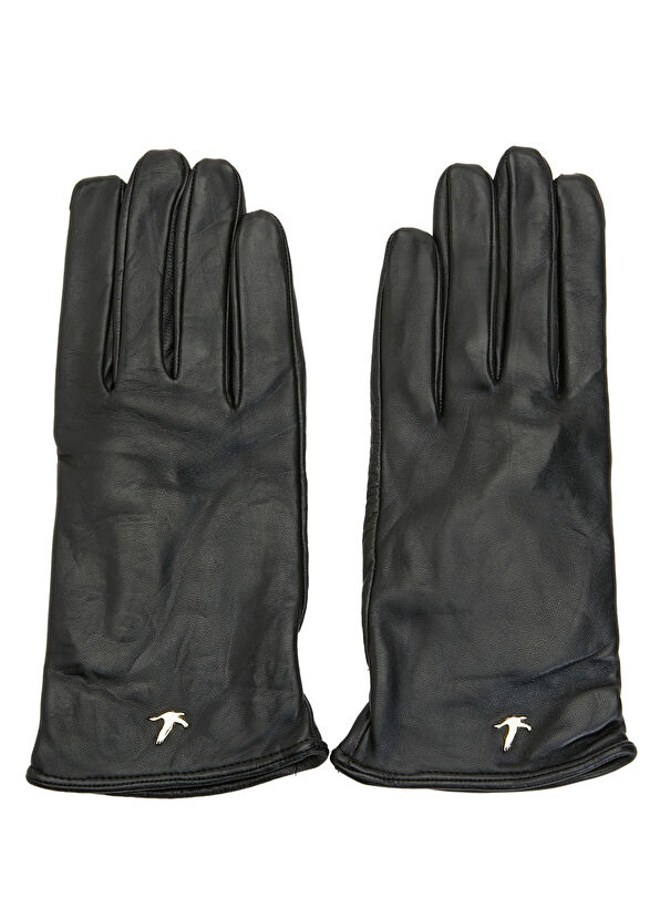 Beymen Club Black Logo Detailed Women's Leather Gloves - 1