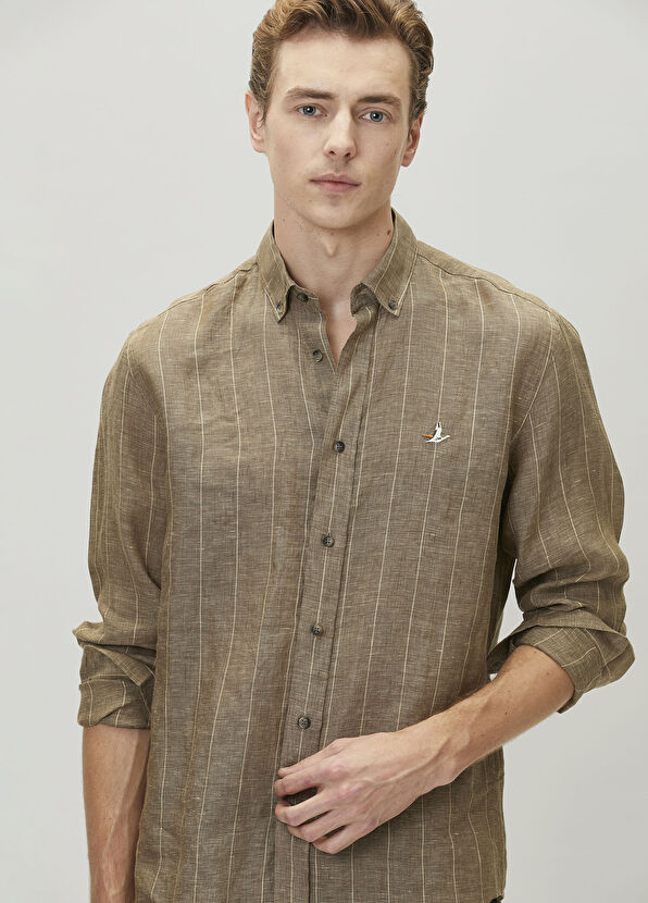 Beymen Club Comfort Fit Khaki Striped Linen Shirt - 2