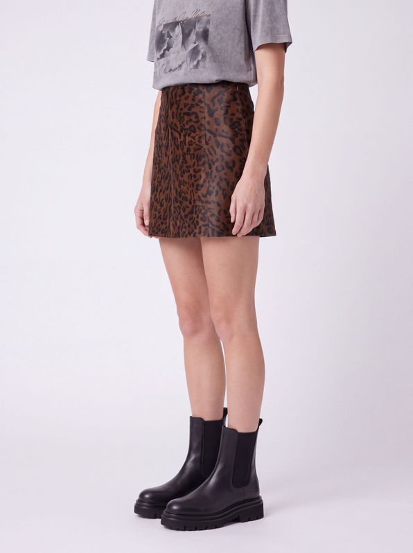 Beymen Club Dark Brown Leopard Foal Feather Mini Leather Skirt - 3