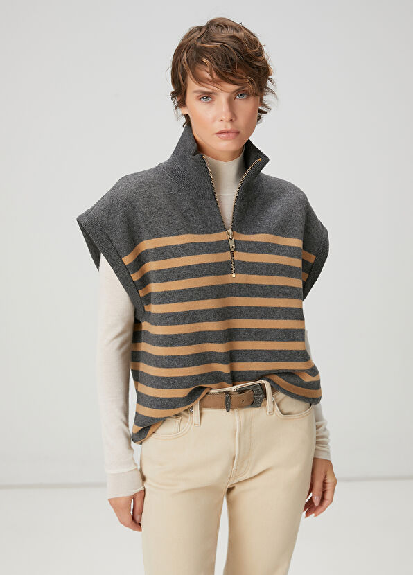 Beymen Club Camel Antrasit Çizgili Yün Süveter - 1