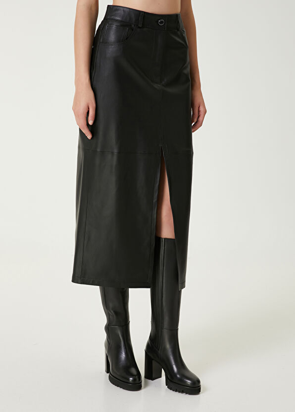 Beymen Club Siyah Midi Deri Kalem Etek - 4