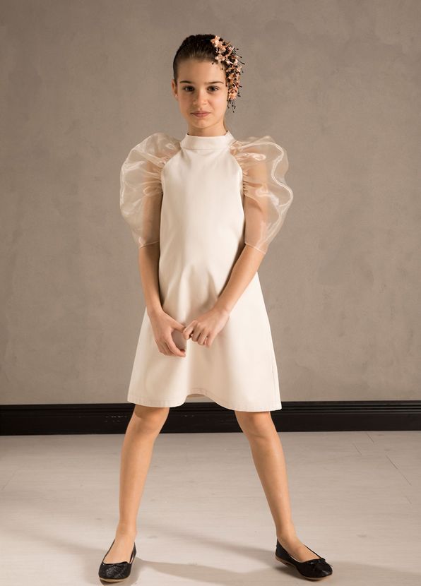 AMILLE Miss Chic Ekru Organze Kollu Dik Yakalı Kız Çocuk Elbise - 2