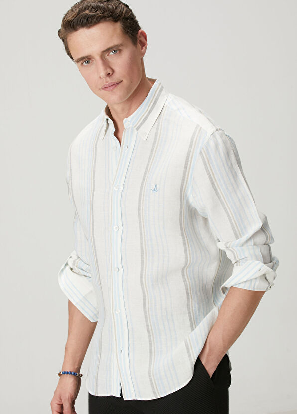 Beymen Club Comfort Fit Blue White Striped Patterned Linen Shi - 2