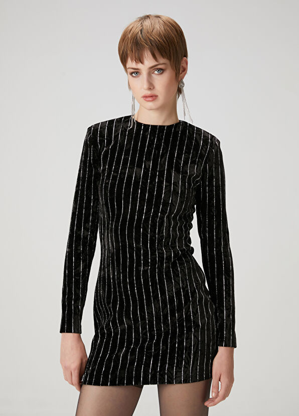 Beymen Club Siyah Çizgili Mini Kadife Kokteyl Elbise - 4