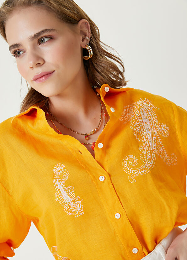 Beymen Club Orange Ethnic Embroidered Linen Shirt - 2
