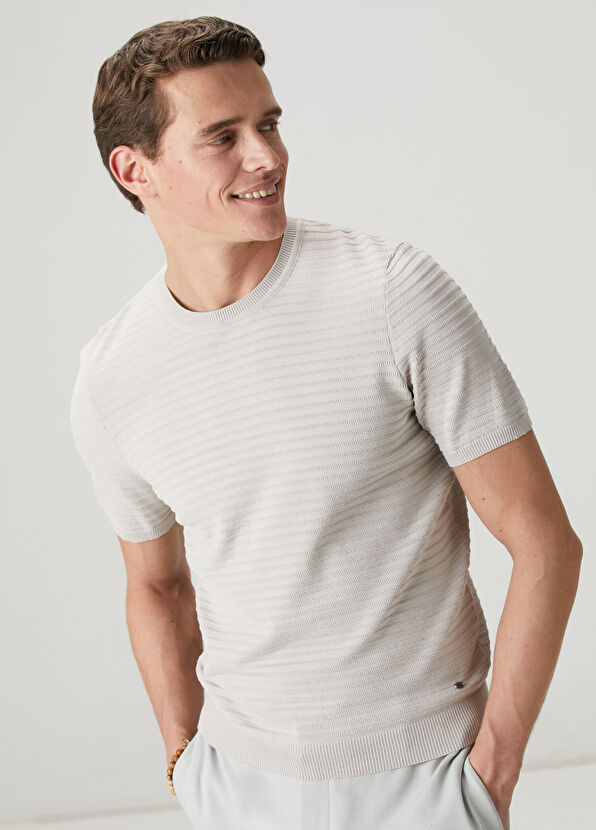 Beymen Club Grey Horizontal Knit Textured Short Sleeve Sweater - 2