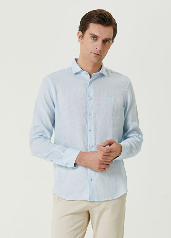 Beymen Club Açık Mavi İtalyan Yaka Keten Gömlek - 1
