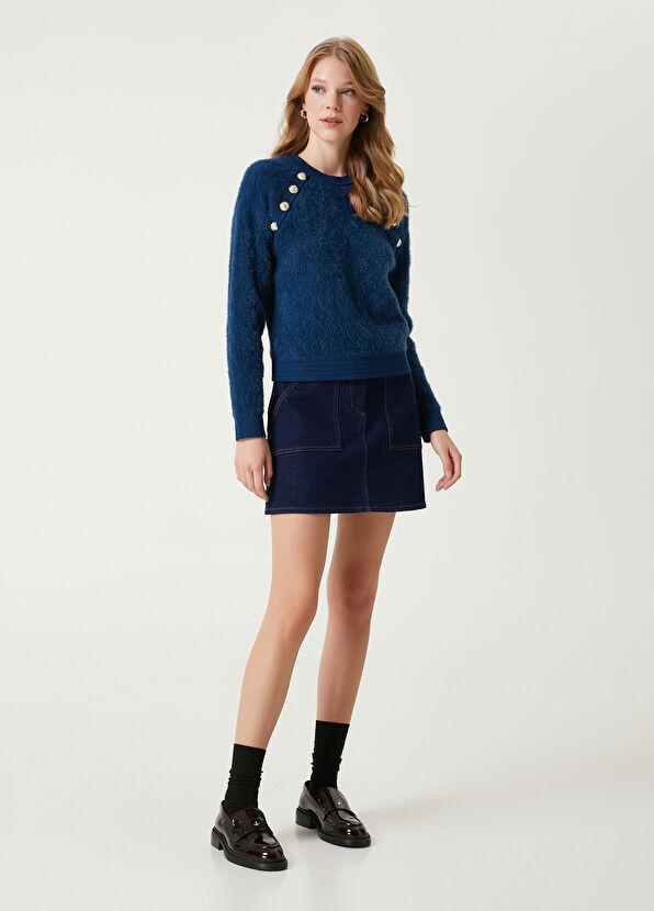 Teal Blue Gold Buttoned Sweater Beymen Club Teal Blue Gold Buttoned Sweater - 3