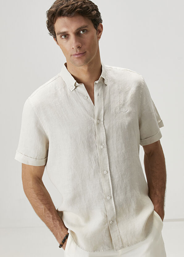 Beymen Club Comfort Fit Taş Kısa Kollu Keten Gömlek - 4