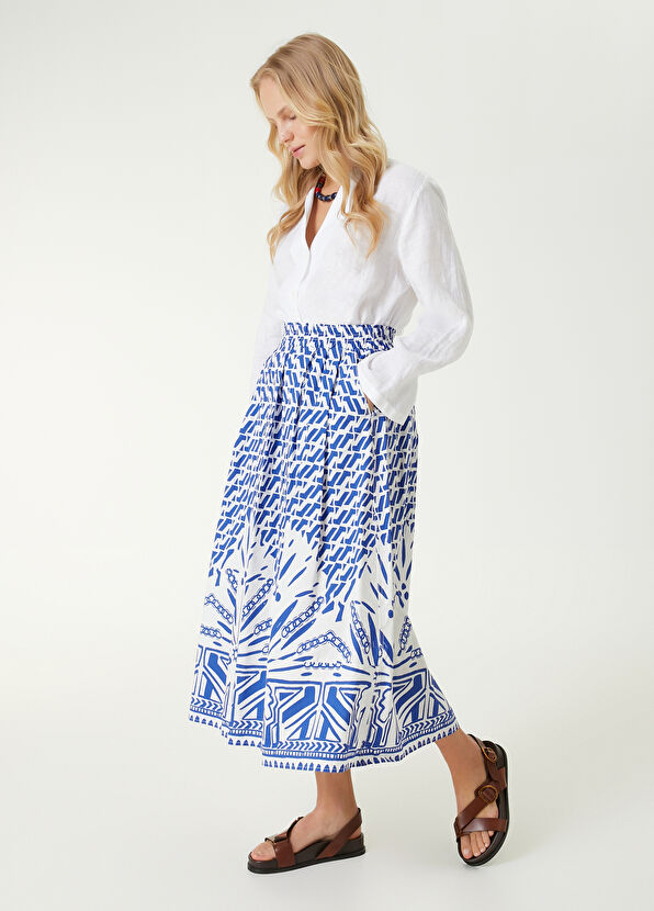 Beymen Club Mavi Beyaz Desenli Midi Etek - 1