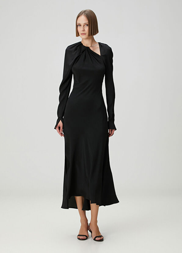 Victoria Beckham Black Collar Accessories Midi Silk Evening Dress - 1