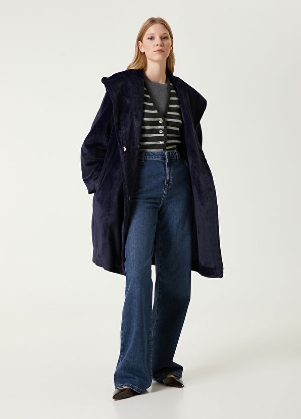 Beymen Club Navy Blue Hooded Faux Fur Coat - 1