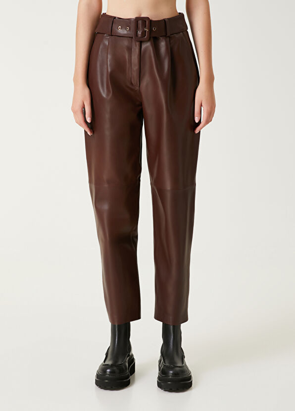 Beymen Club Brown Belted Leather Pants - 2