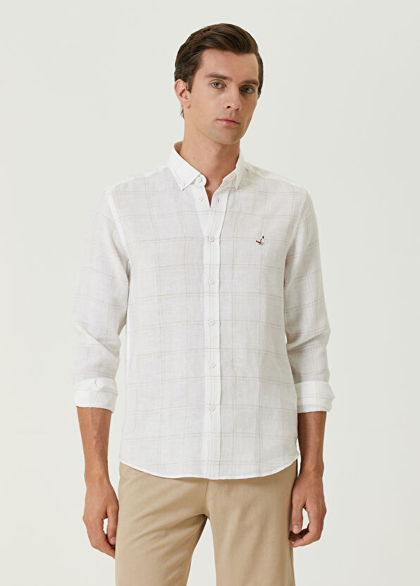 Beymen Club Comfort Fit Turuncu Beyaz Ekoseli Keten Gömlek - 1