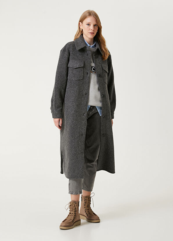 Beymen Club Gri Yıldız Nakışlı Uzun Yün Dış Gömlek - 1