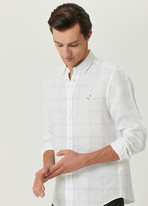 Beymen Club Comfort Fit Blue White Plaid Patterned Linen Shirt - 2