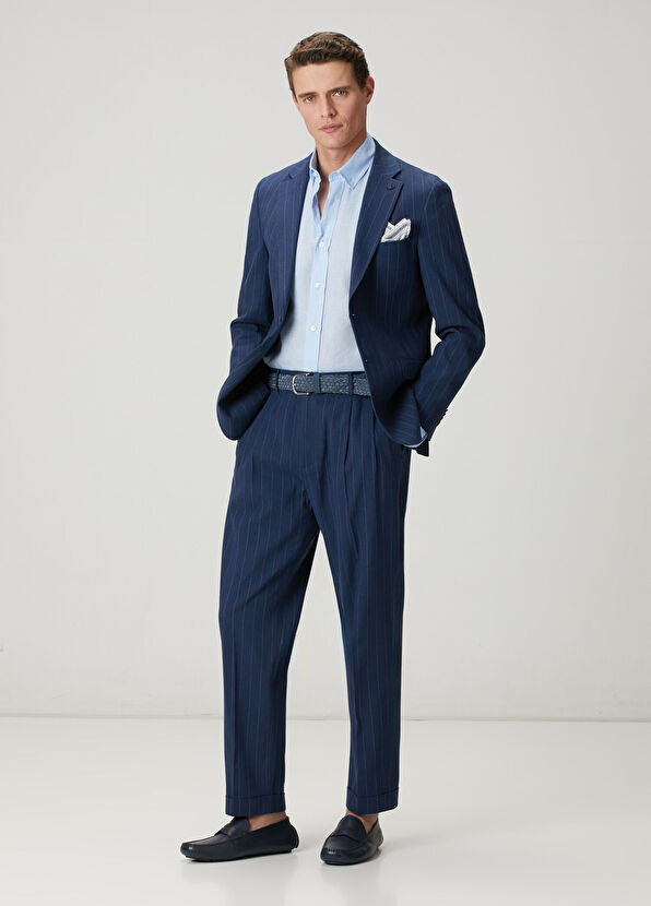 Beymen Club Navy Blue Striped Patterned Linen Suit - 1