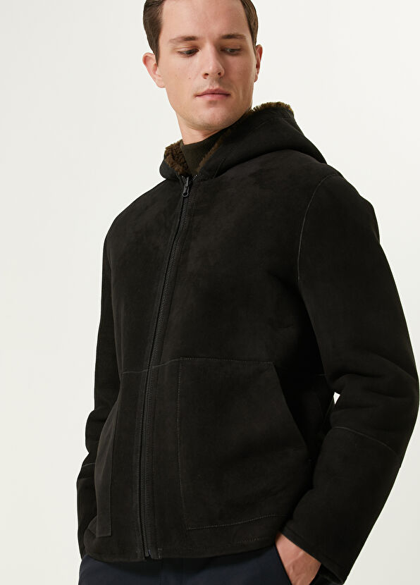 Beymen Club Dark Khaki Hooded Double Sided Shearling Coat - 3